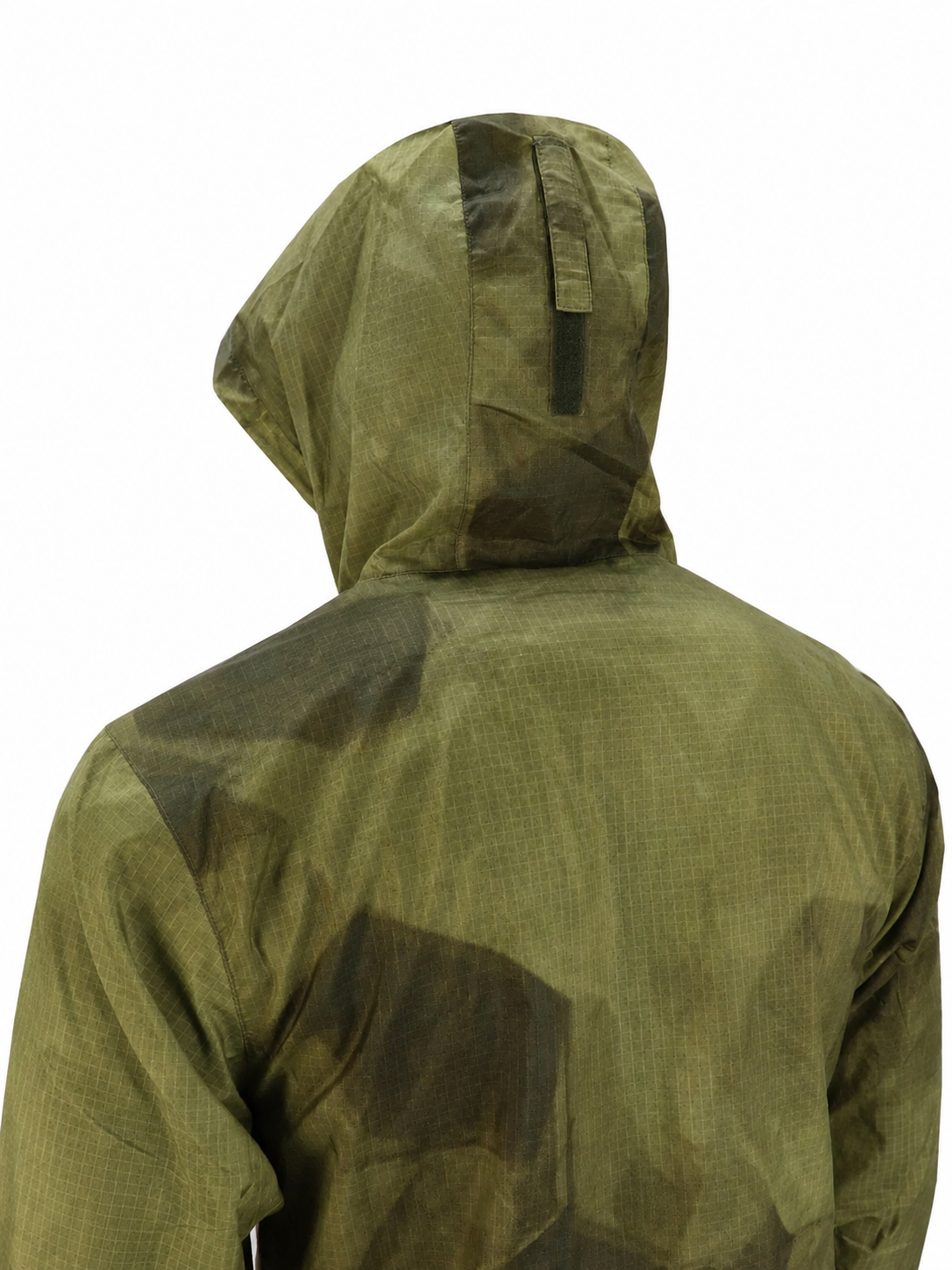 Green camo raincoat with a hood on a white background