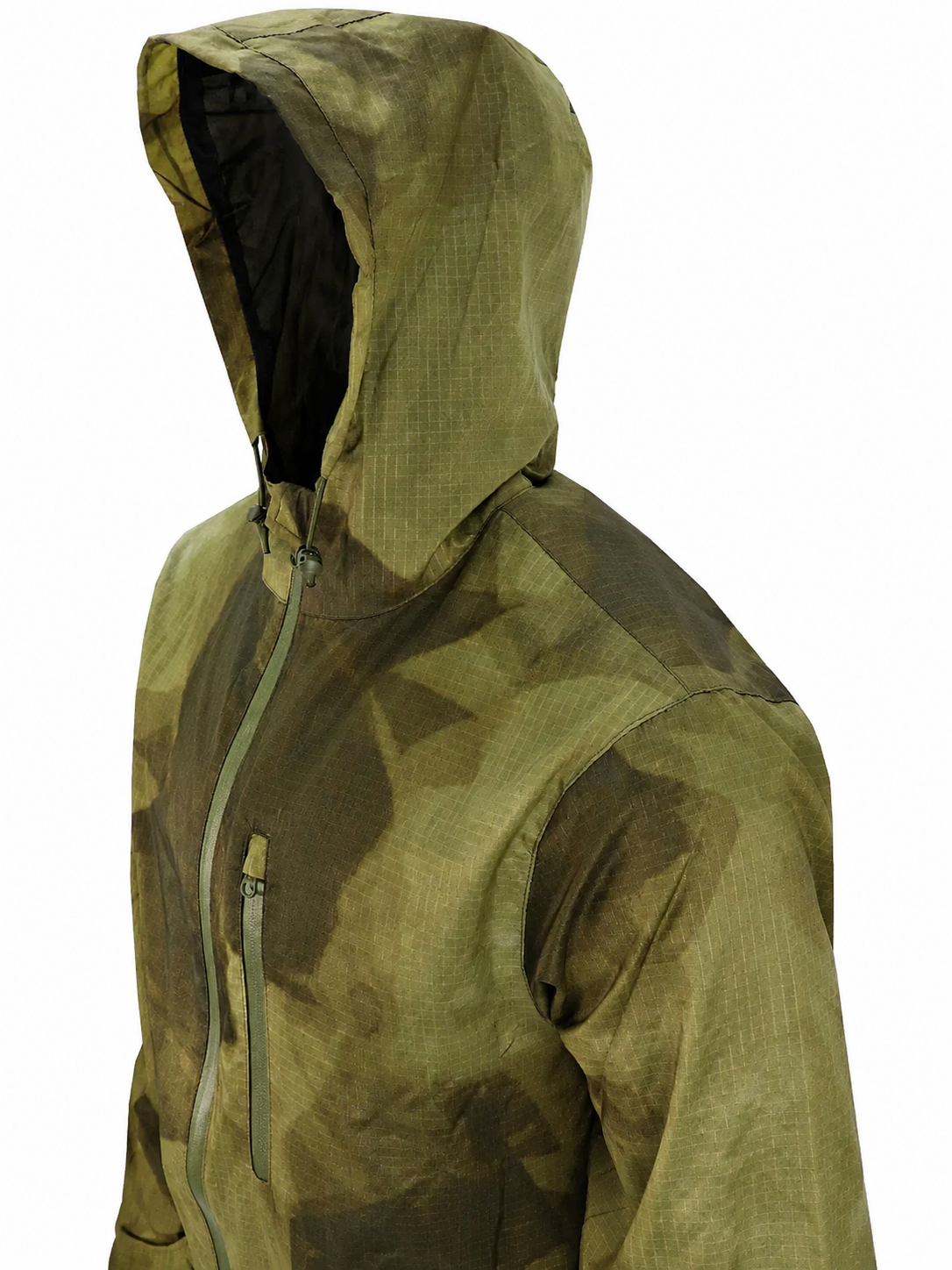 Green camouflage jacket with a hood on a white background