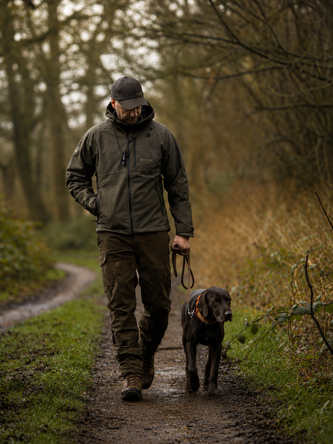 Man walking a dog on a path in a forest