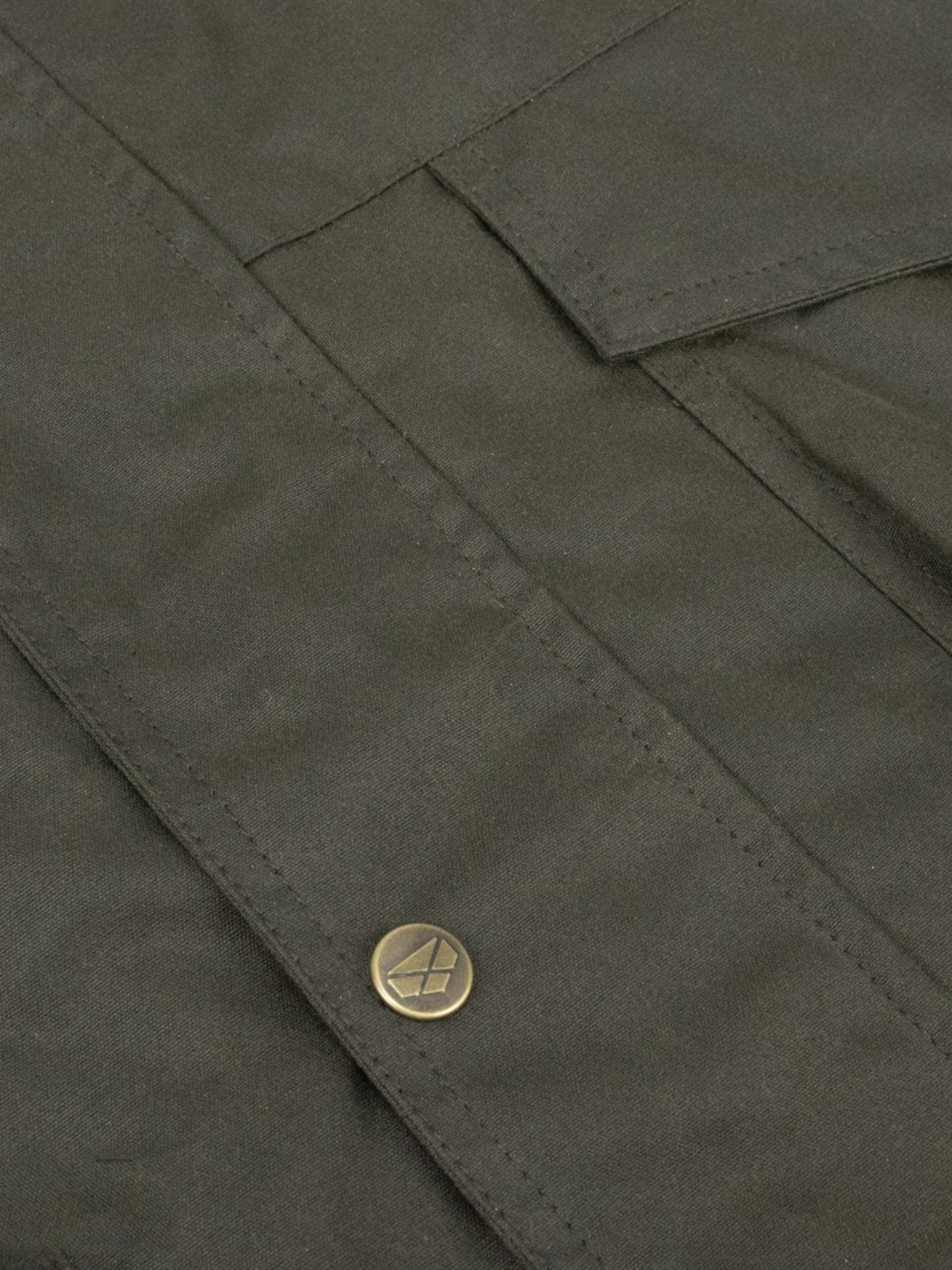Close-up of a dark green jacket with a gold button featuring a hoggs of fife logo.
