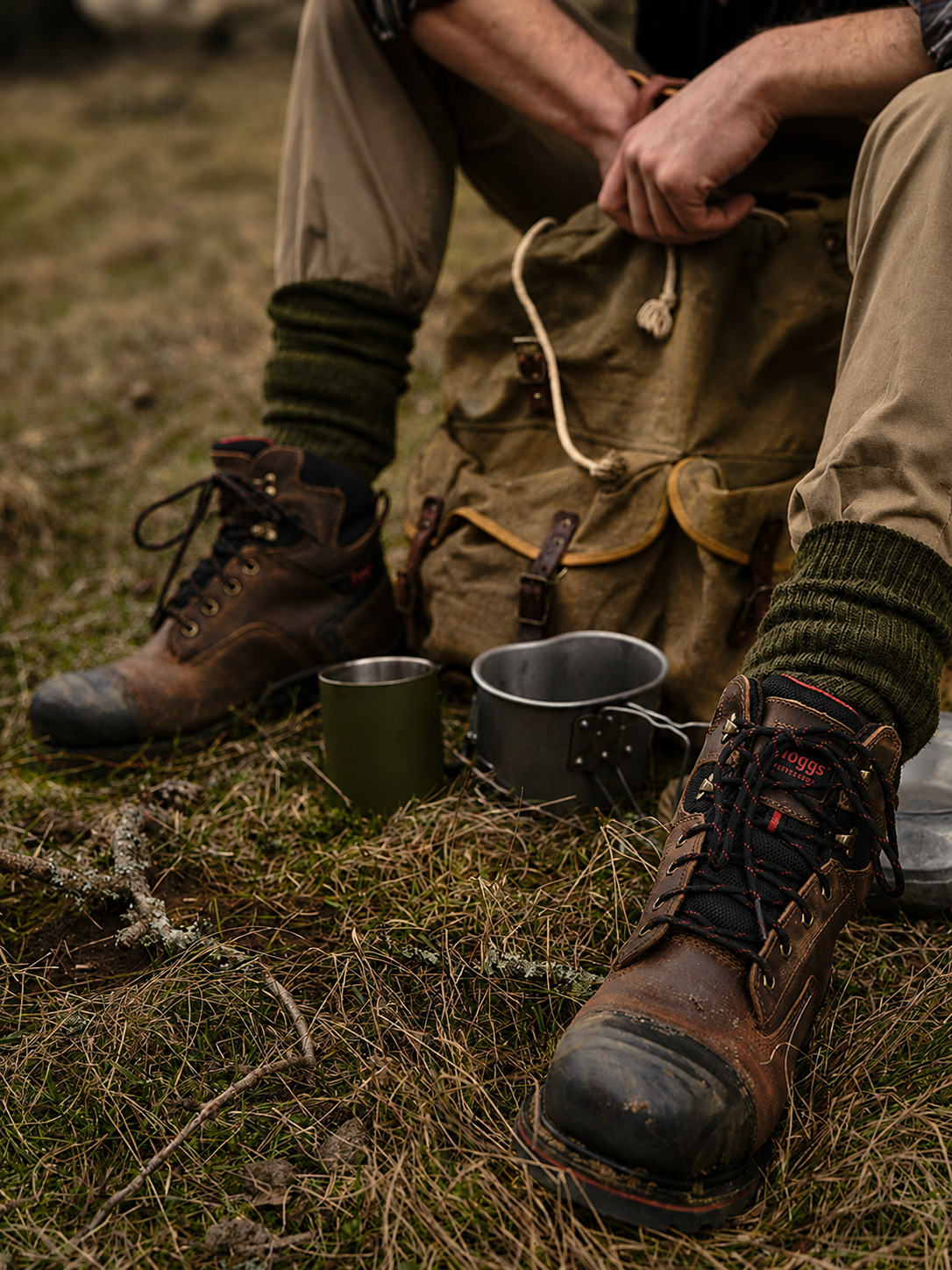 Person in outdoor setting with hiking boots and camping gear on grass