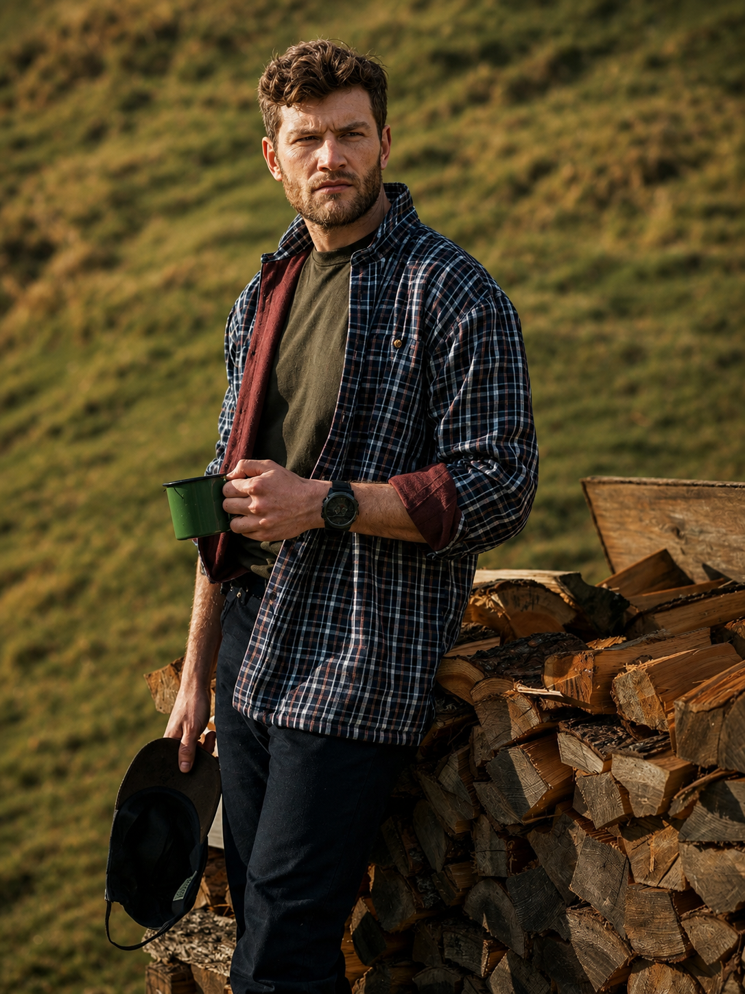 Man holding a green mug, standing next to stacked firewood with a mountainous background