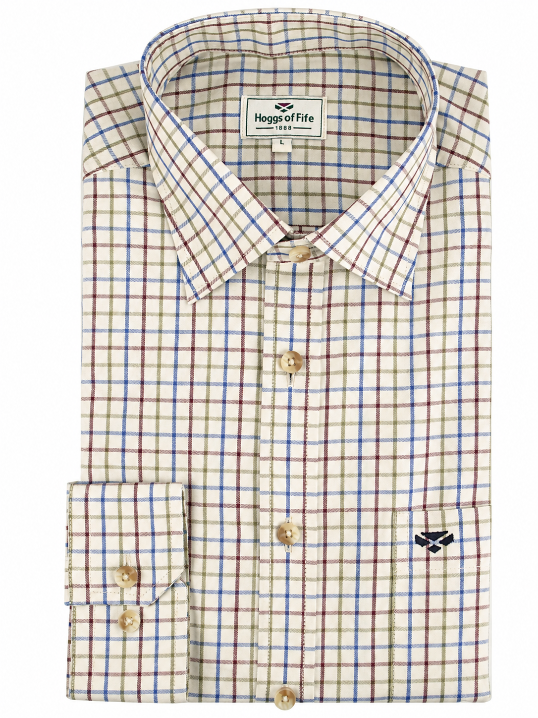 Checkered dress shirt with collar label on a white background