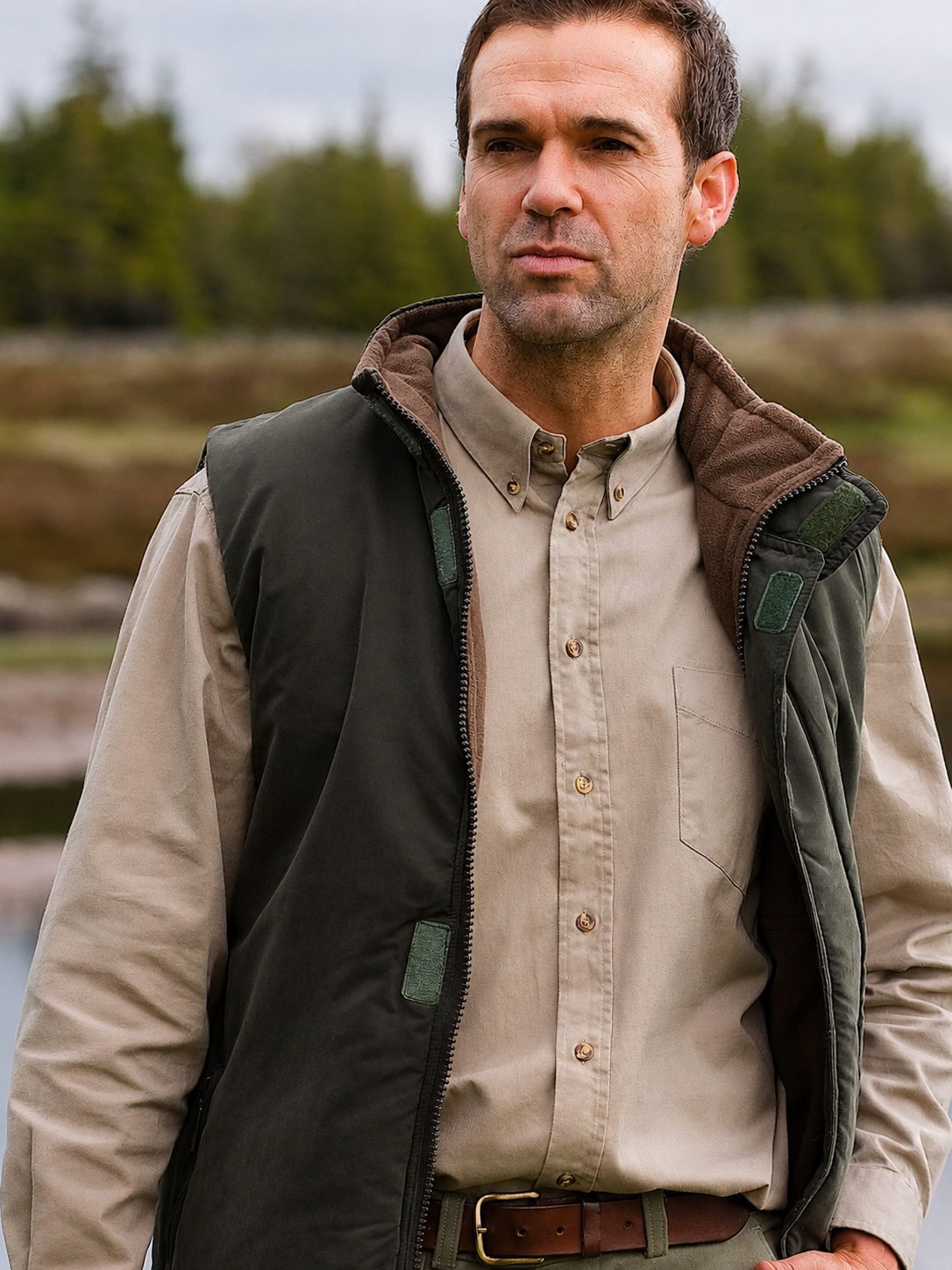 Man wearing a beige shirt and dark Hoggs of Fife reversible gilet outdoors with trees in the background