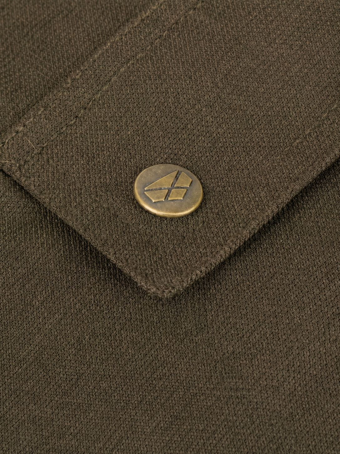 Close-up of a brown fabric pocket with a button featuring Hoggs of Fife logo.
