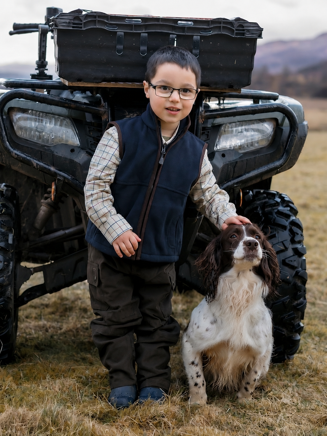 Child with glasses and a dog standing next to an ATV in a field