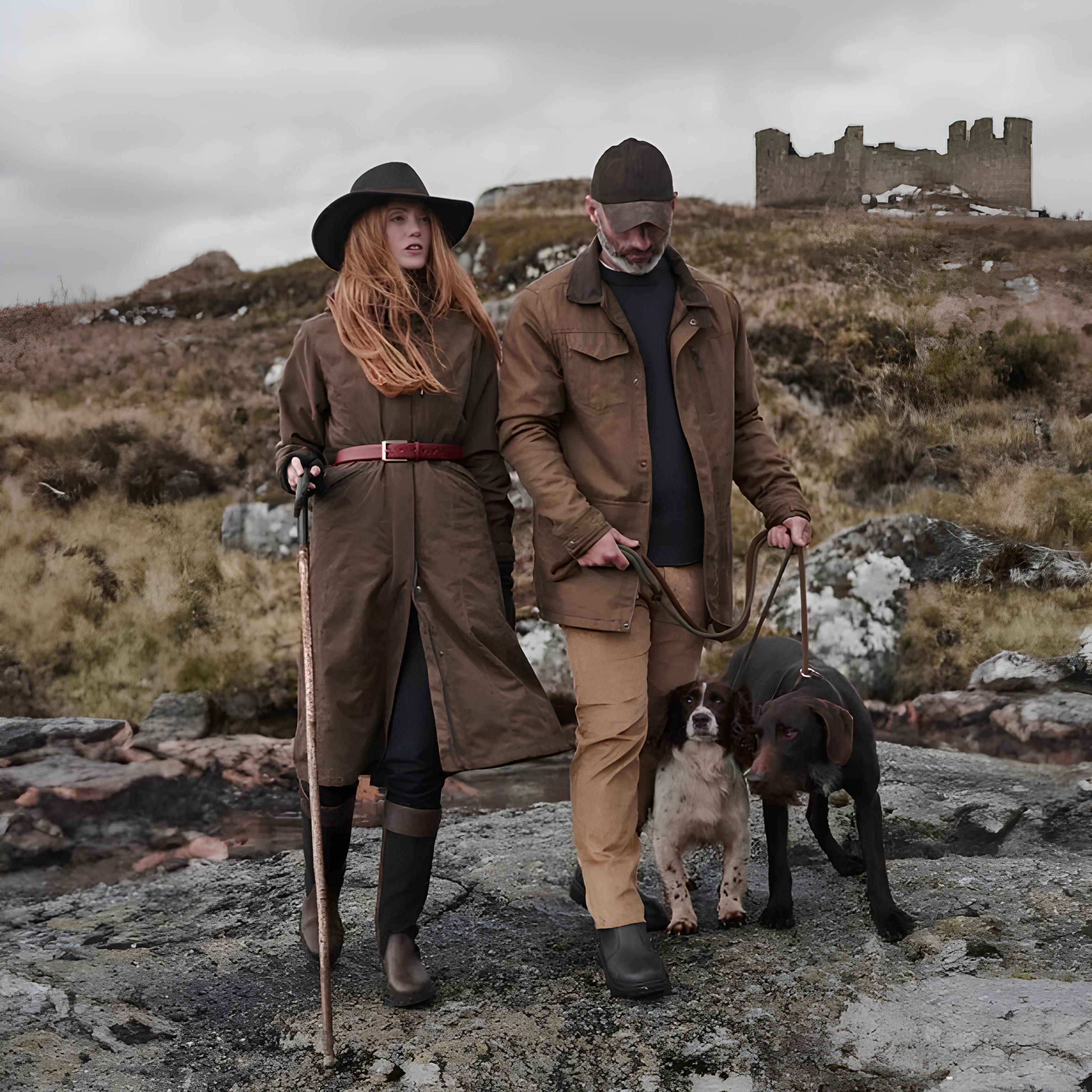a woman and a man out on a walk with there two dogs in the country side with a ruined castle in the back ground.