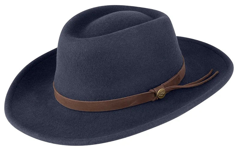 Navy colour Perth Crushable Felt Hat with a brown band on a white background