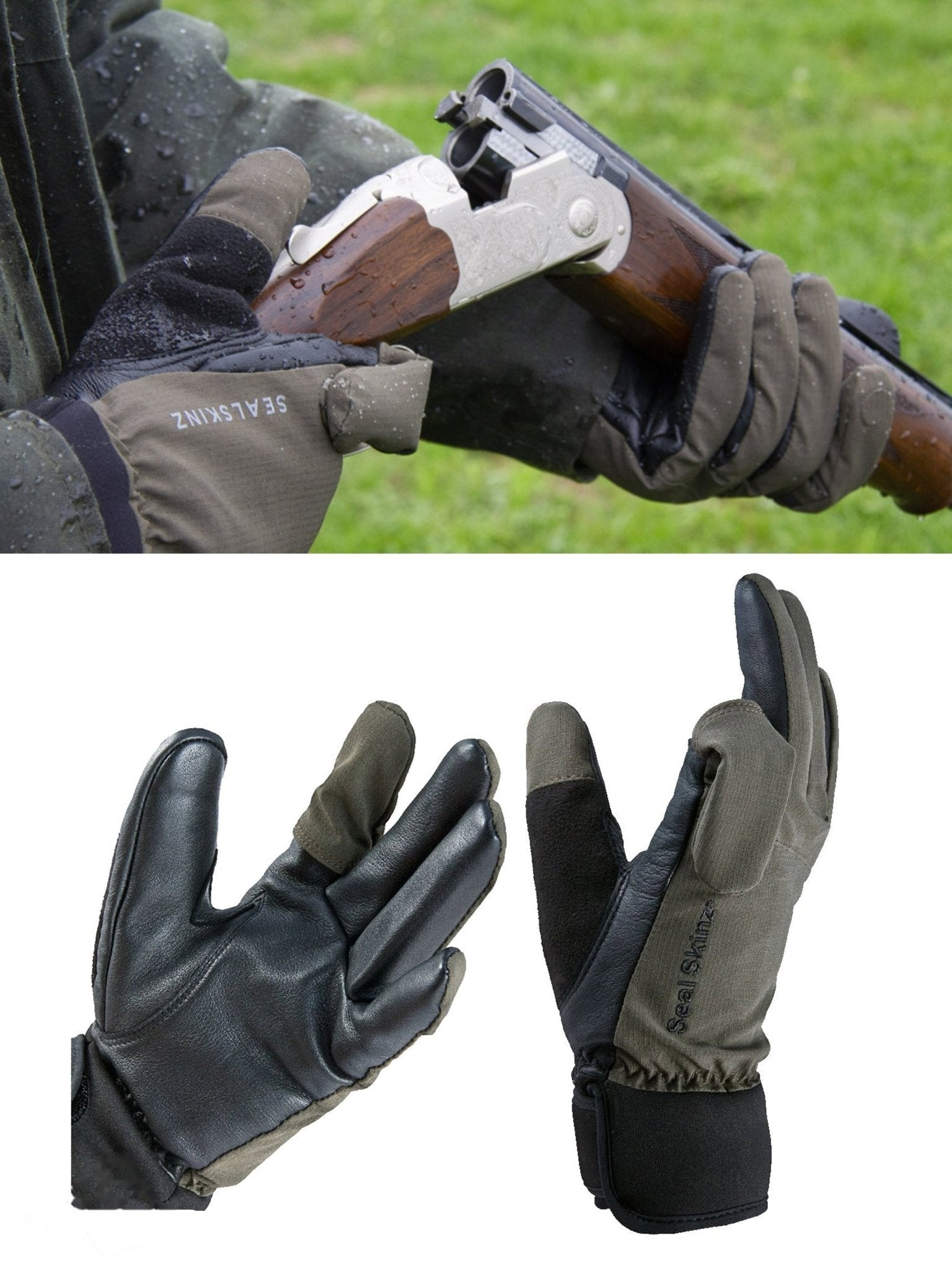 Gloves holding a shotgun with close-up of black and brown gloves on a white background
