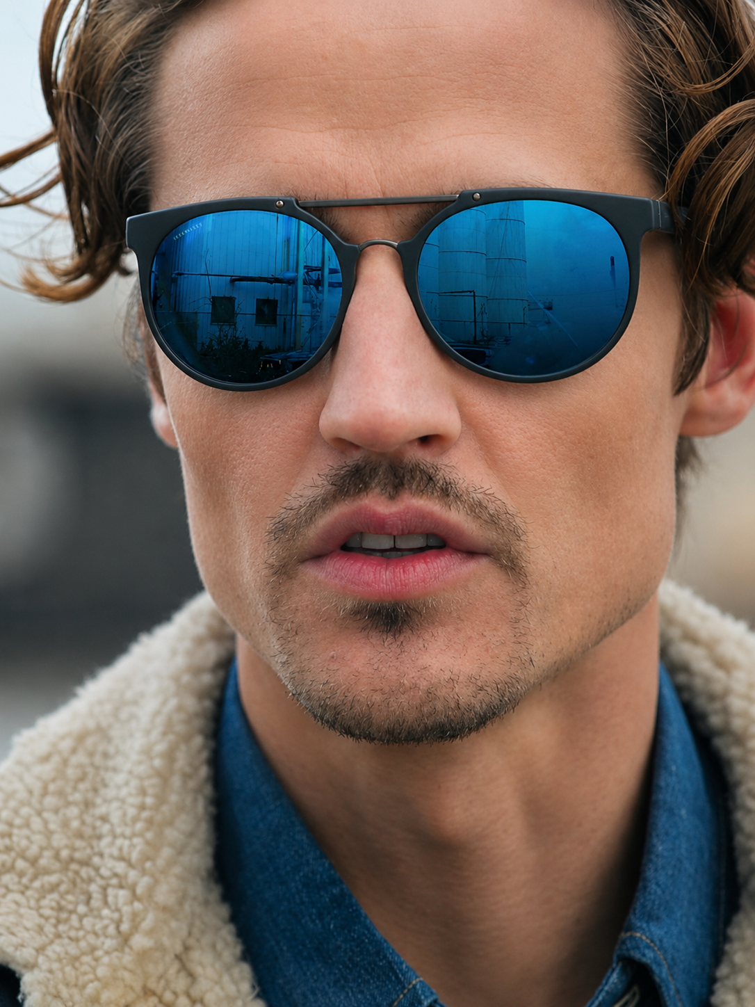 Close-up of a person wearing blue reflective sunglasses with a blurred background