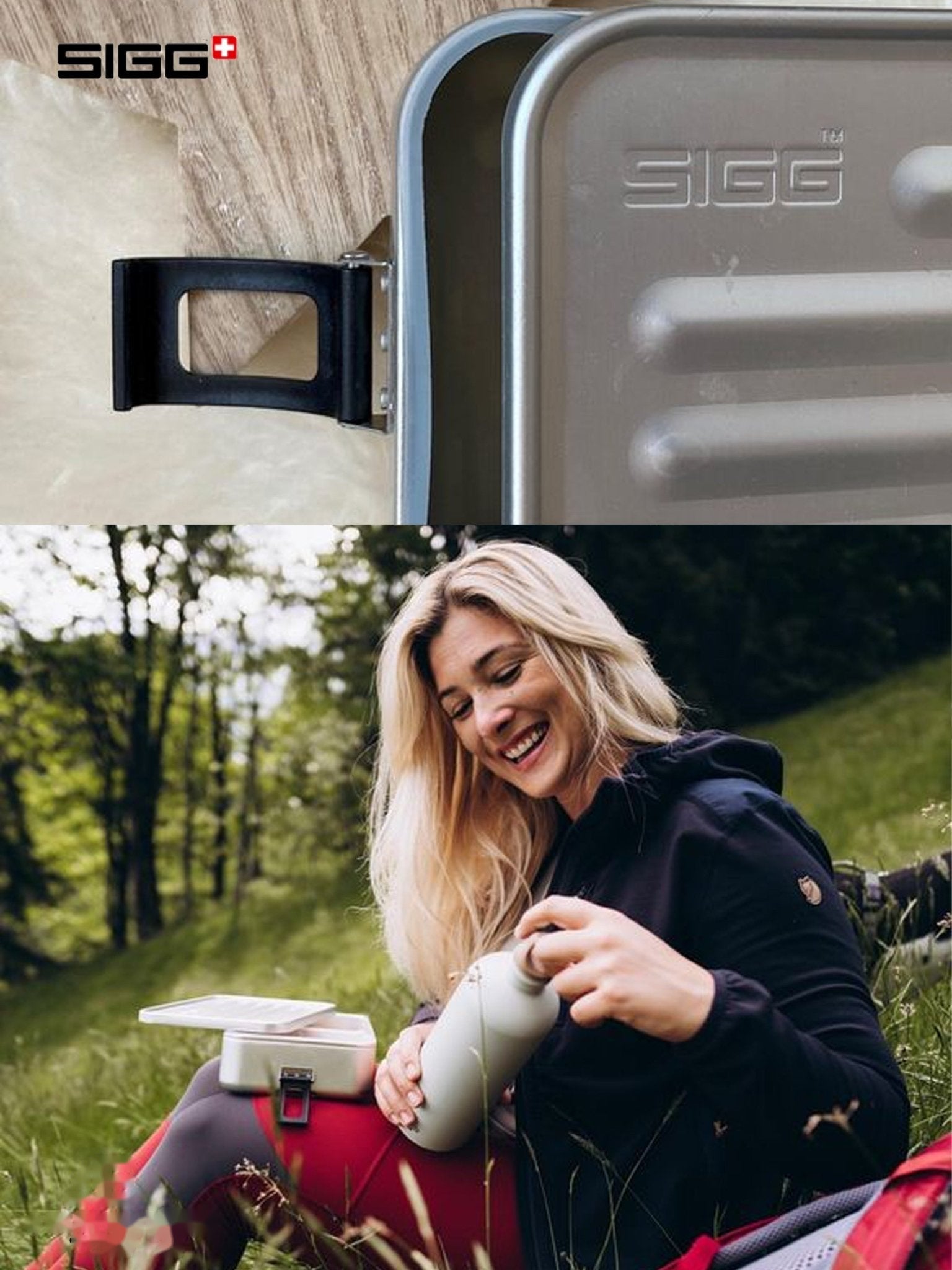 Top half of a SIGG water bottle with a wooden background, bottom half shows a woman outdoors holding a SIGG water bottle.