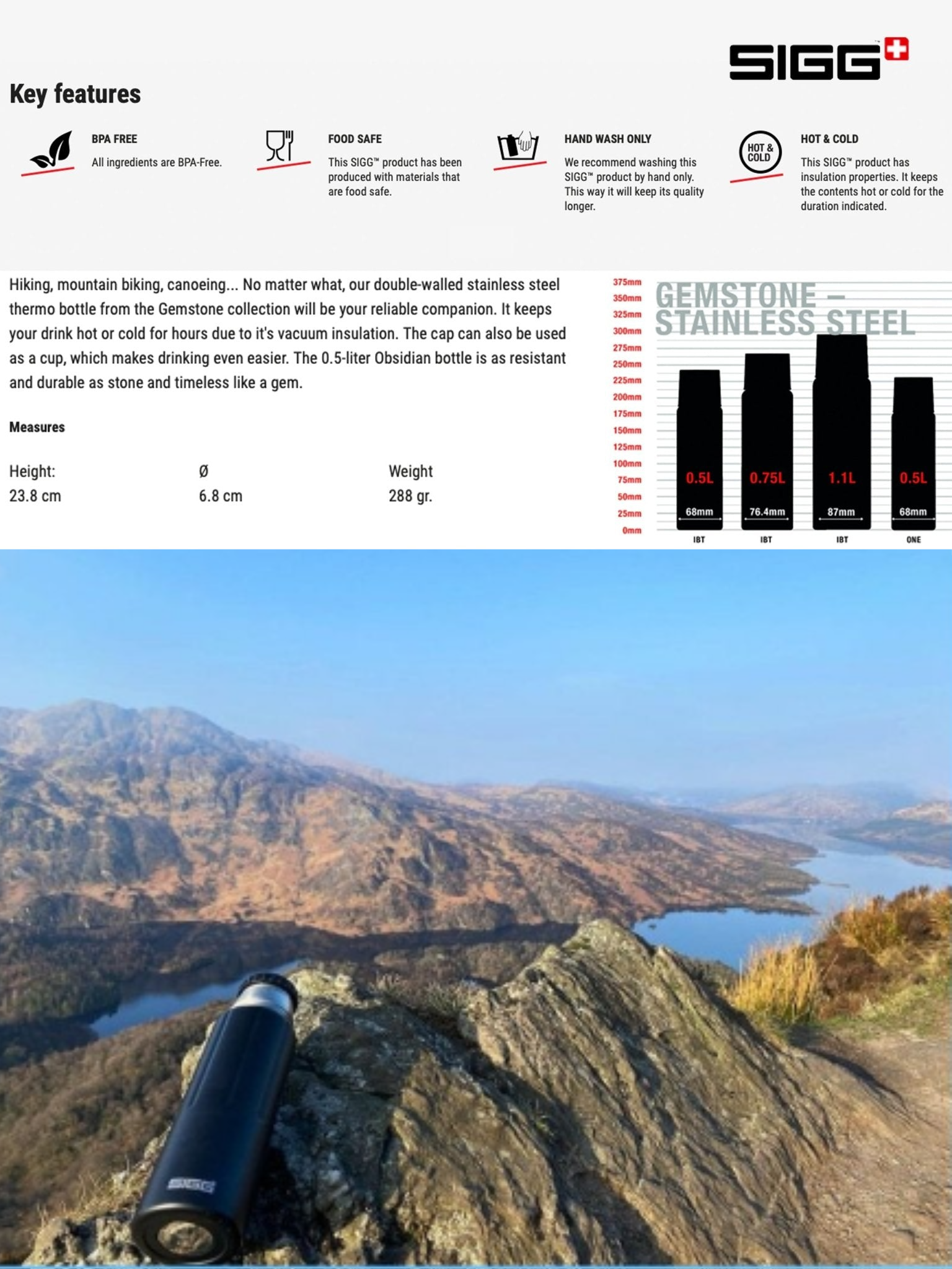 Sigg product description page with mountain landscape background