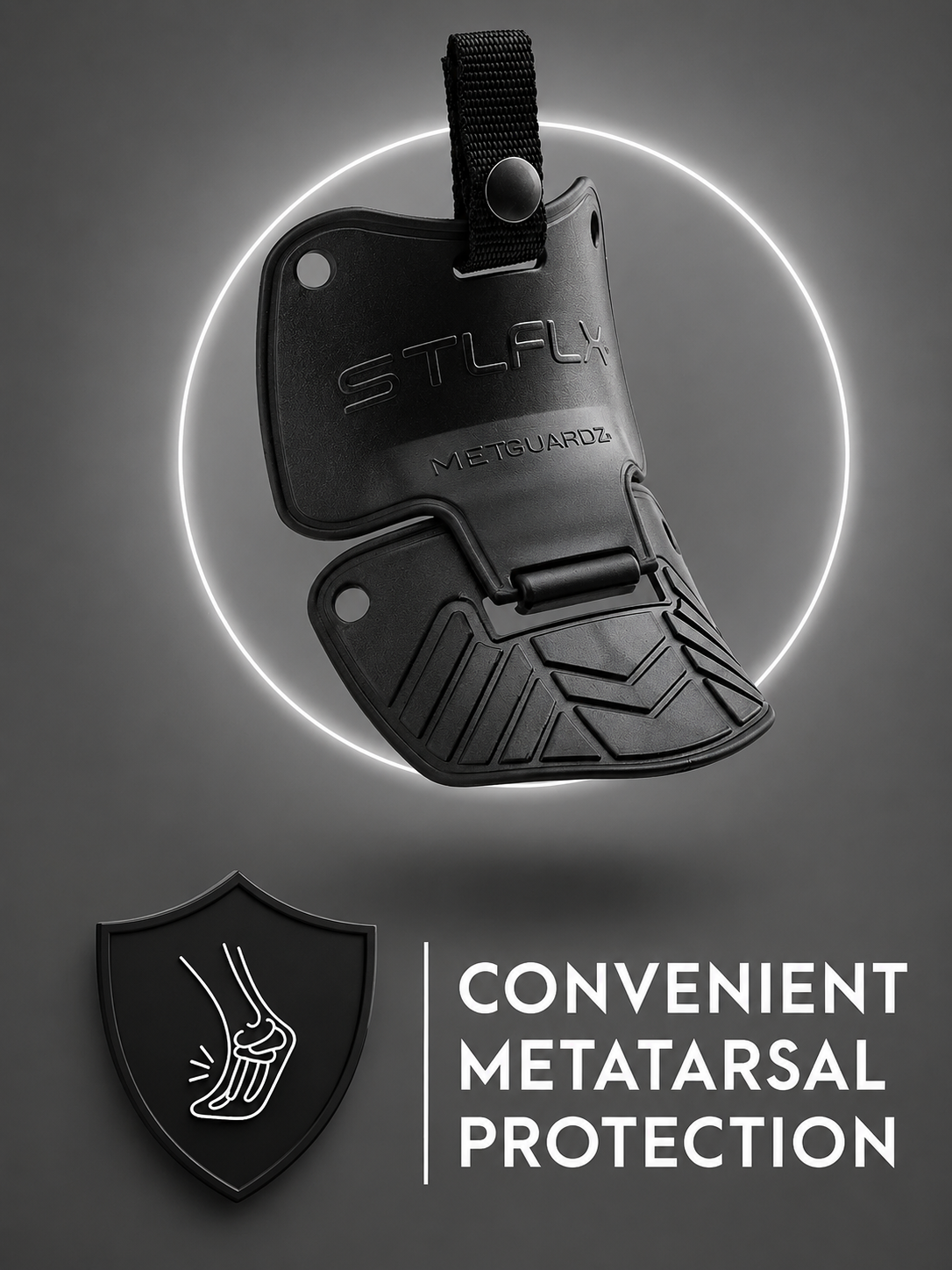 Black metatarsal guard with 'STLFLX' branding on a dark background