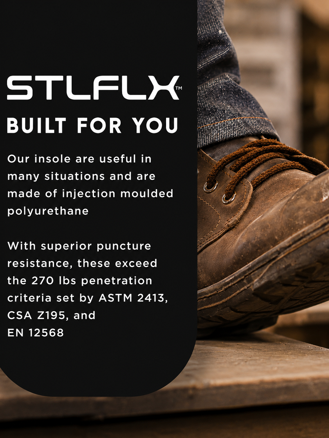 Brown shoe with text about STLFLX insoles on a black background