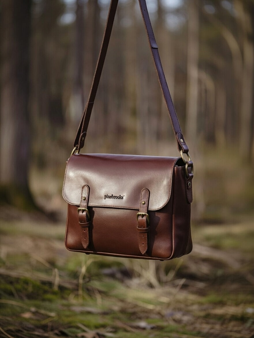 a brown leather bag hanging form a tree in the woods 