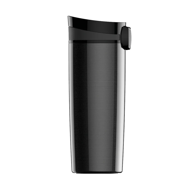 Black and silver coffee carafe on a white background