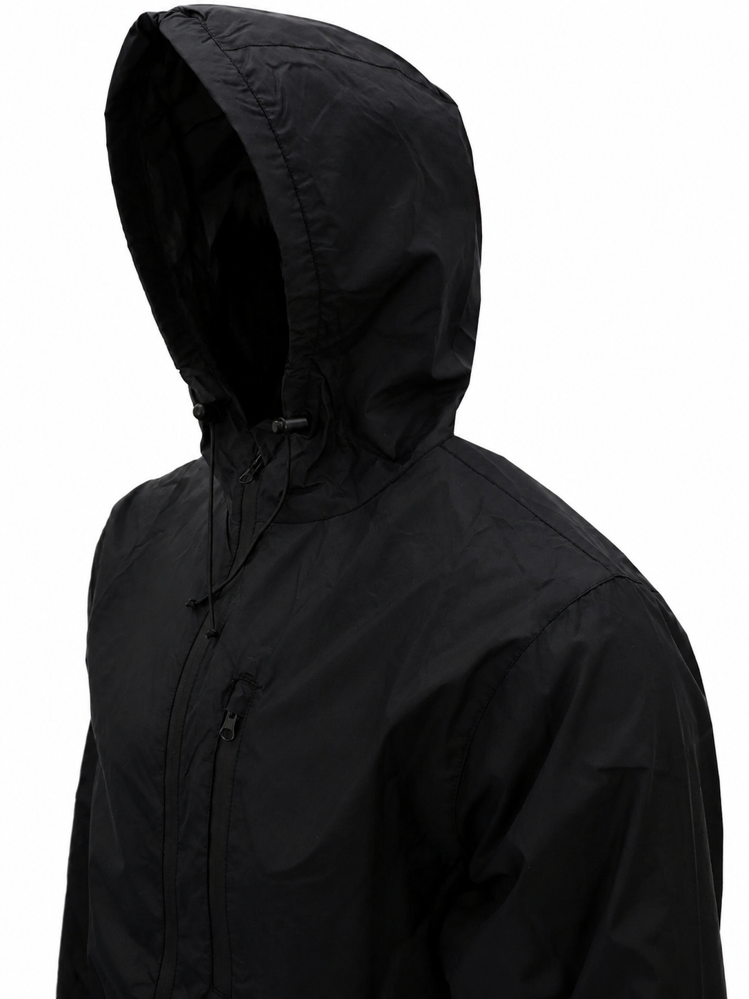 Black hooded jacket on a white background