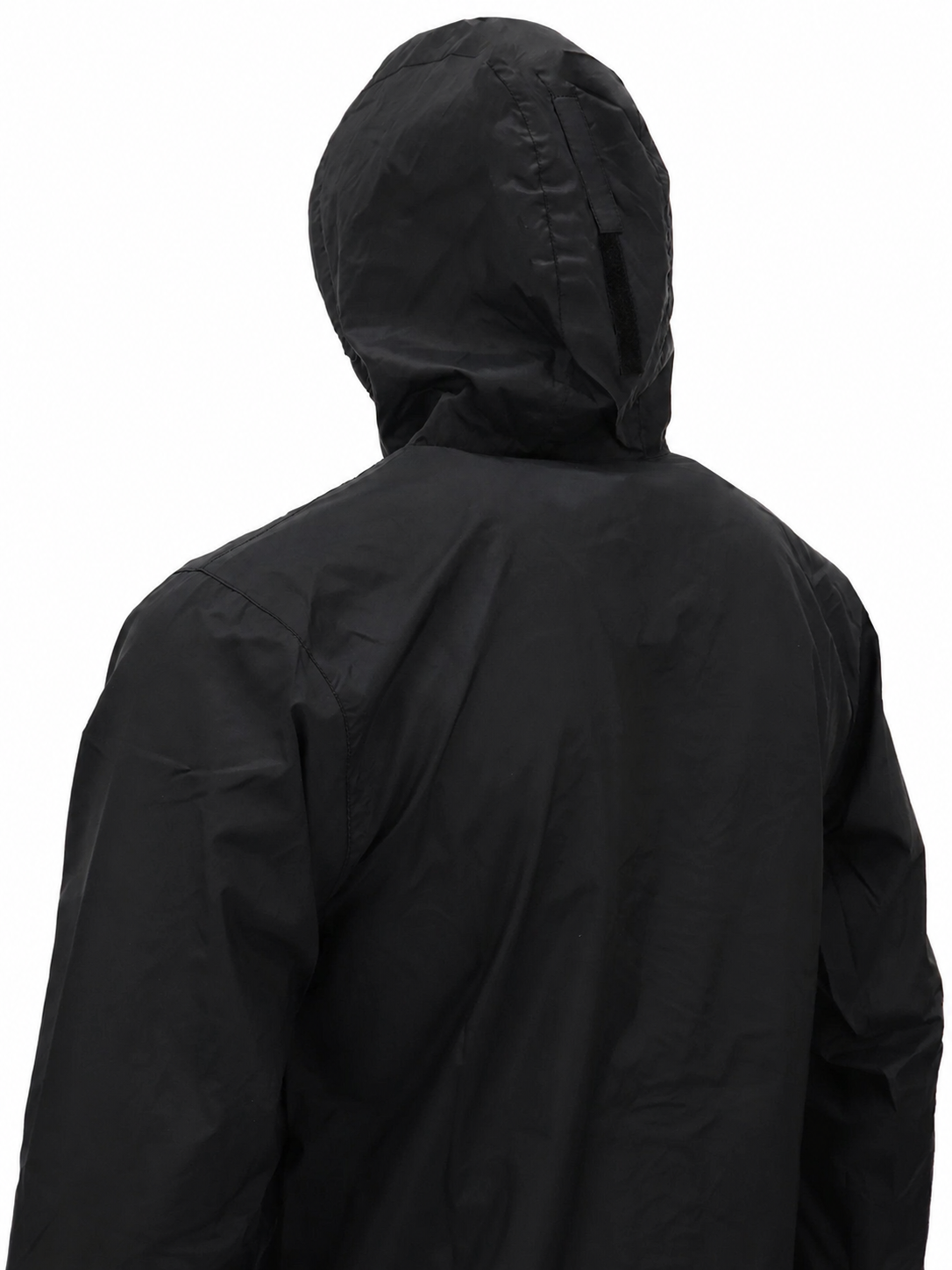 Black raincoat with a hood on a white background