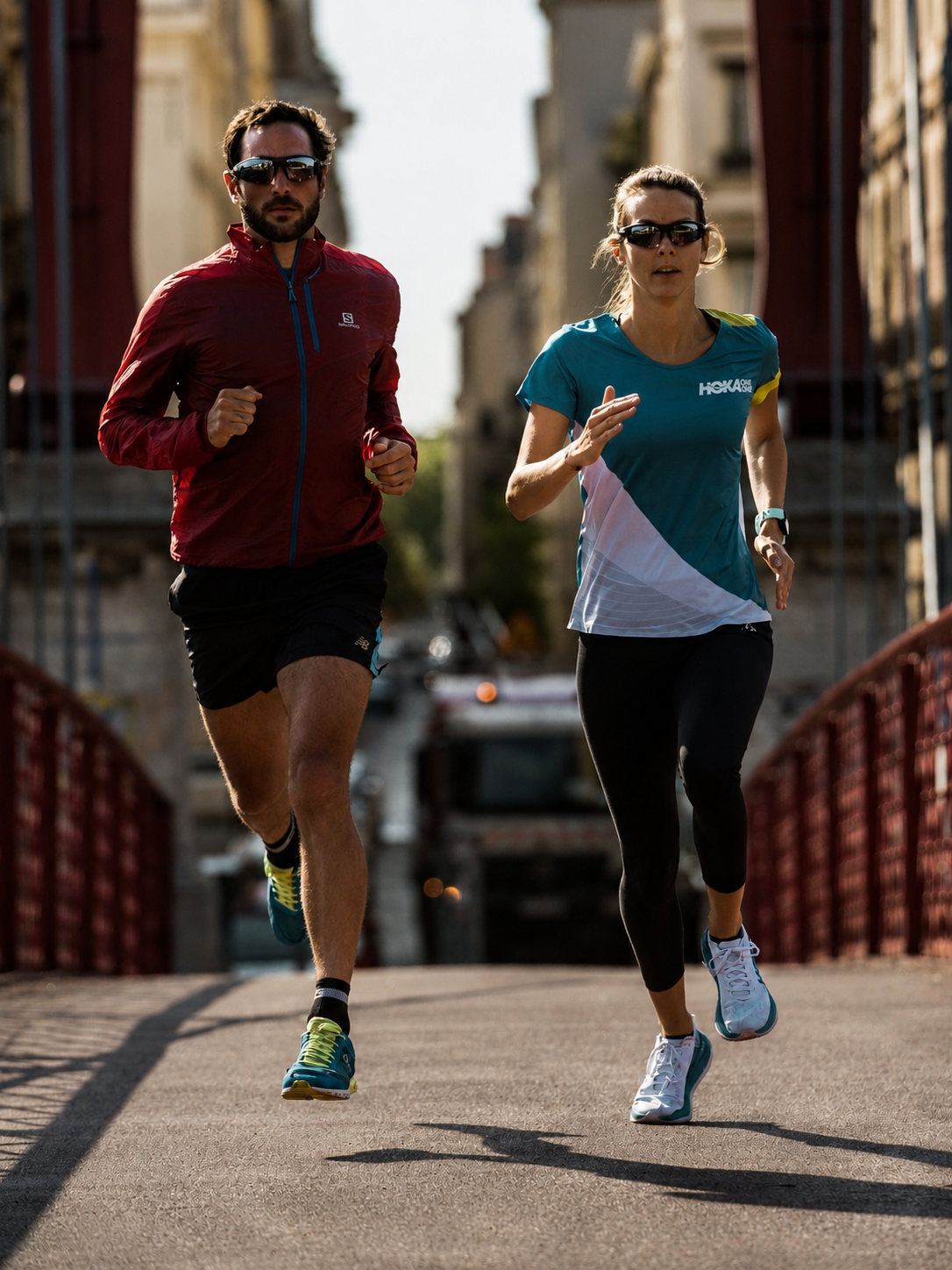 Two runners, a man and a woman, running on a street with buildings in the background.