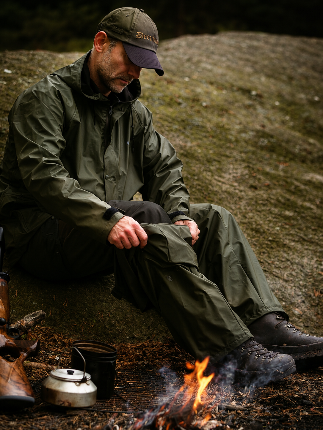 Man in green outdoor gear sitting by a campfire with a kettle and backpack.