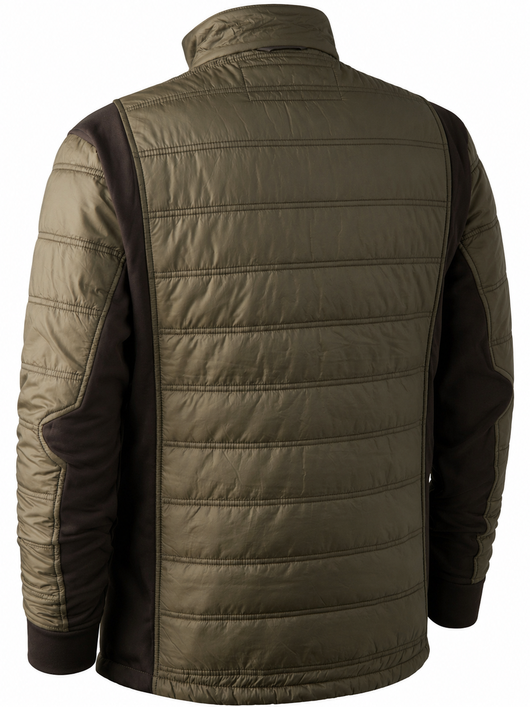 Back view of a quilted jacket with brown accents on a white background