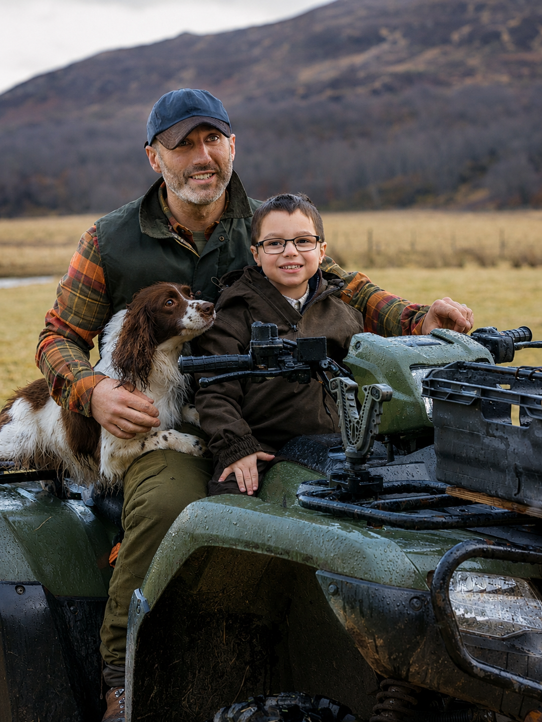 Man and child with a dog on an ATV in a field with mountains in the background