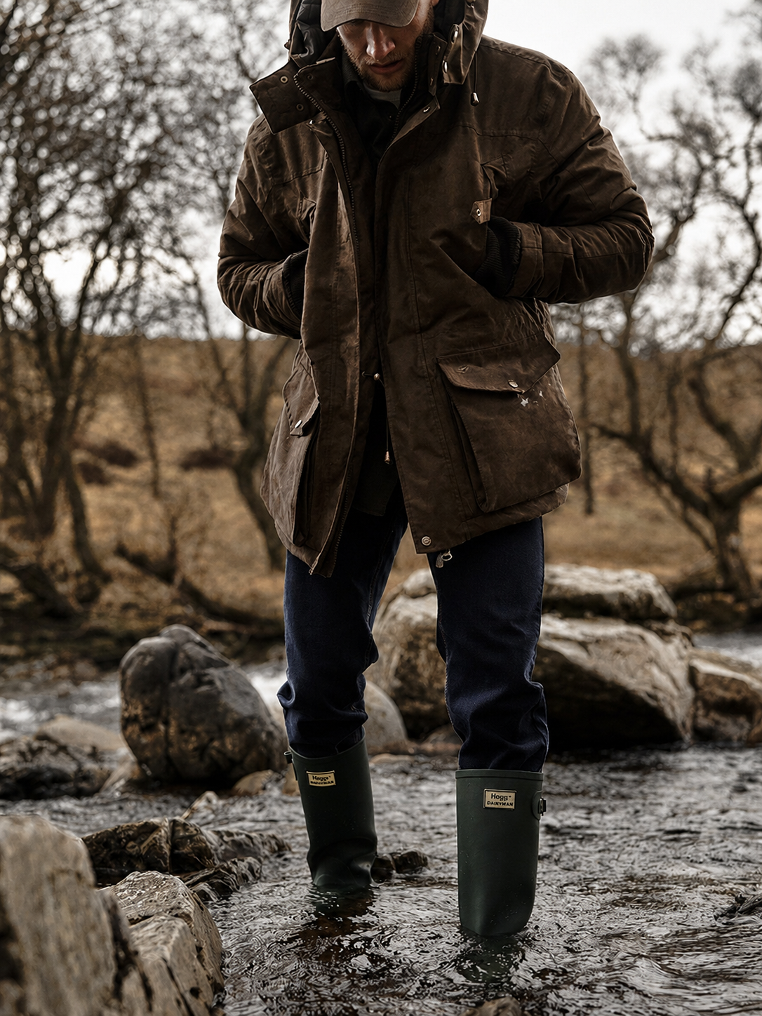 Person wearing a brown jacket and green Hoggs of Fife wellies standing in a stream with bare trees in the background