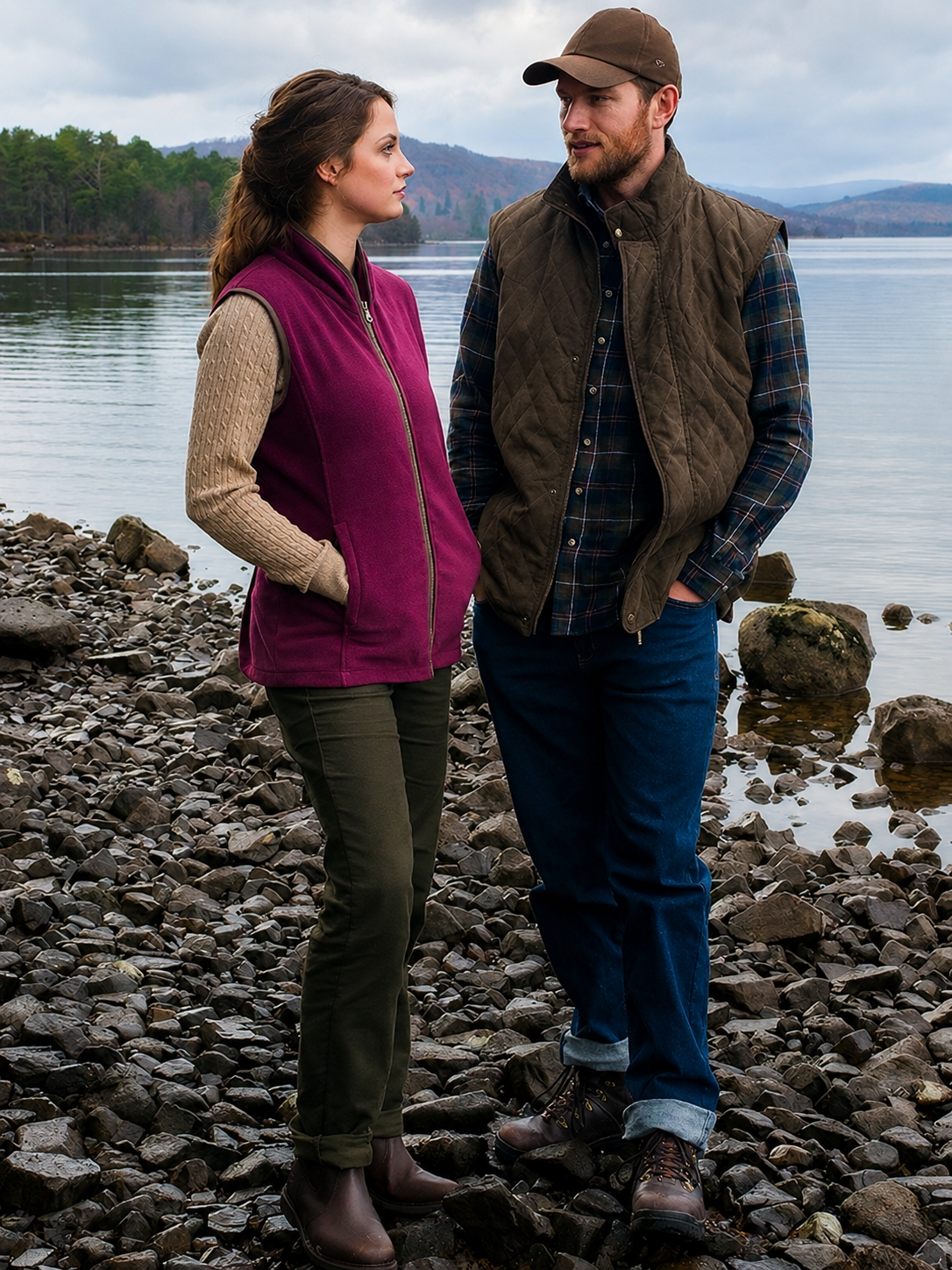 Two people standing on a rocky shore by a lake with mountains in the background.