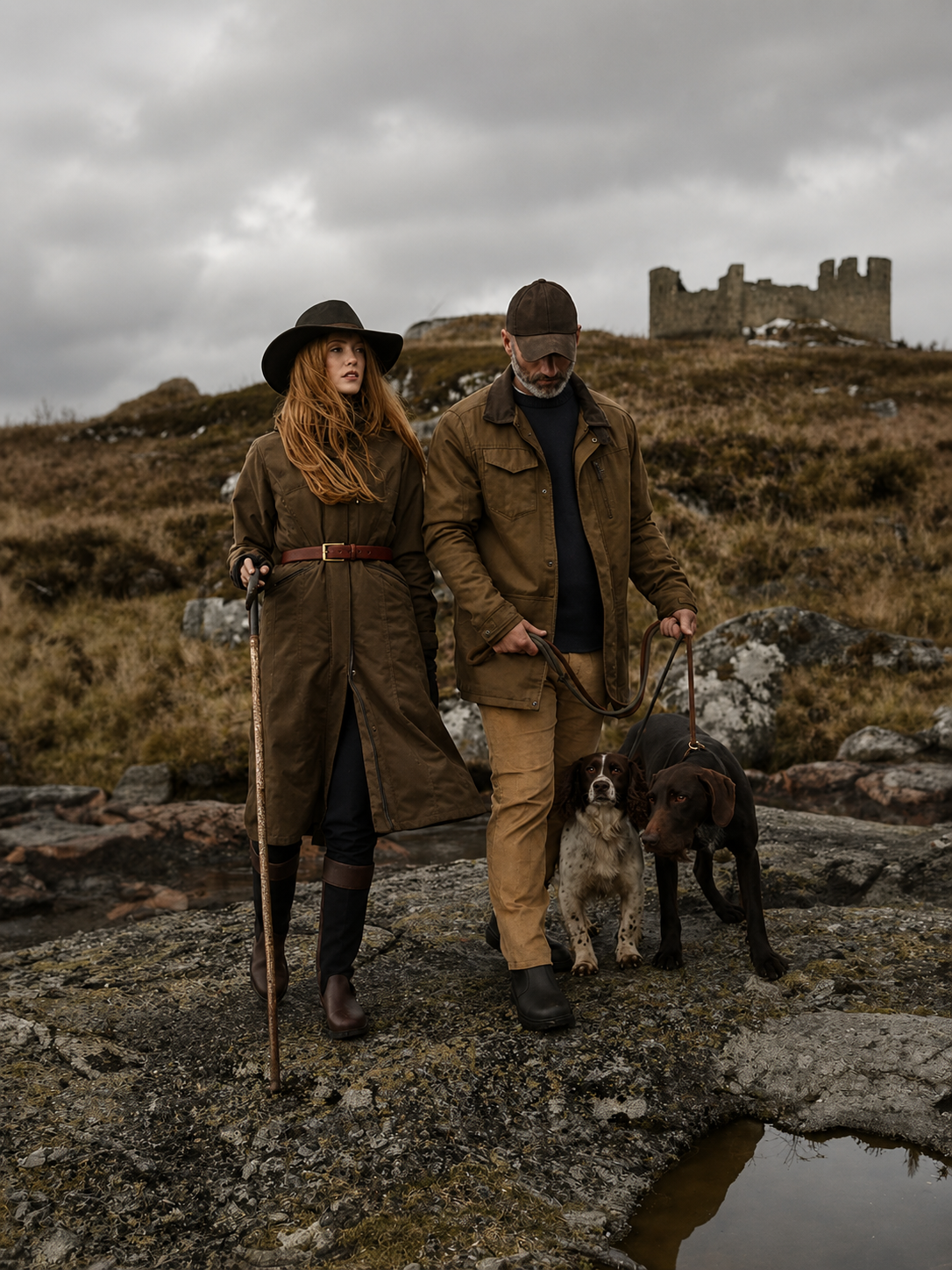 Two people in outdoor clothing with two dogs on a rocky landscape with a castle in the background.