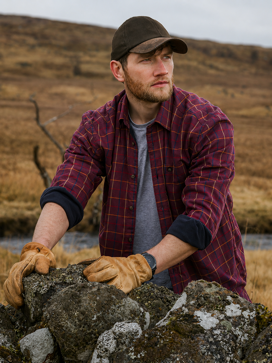 Man in a red plaid shirt and brown cap leaning on rocks with a scenic background