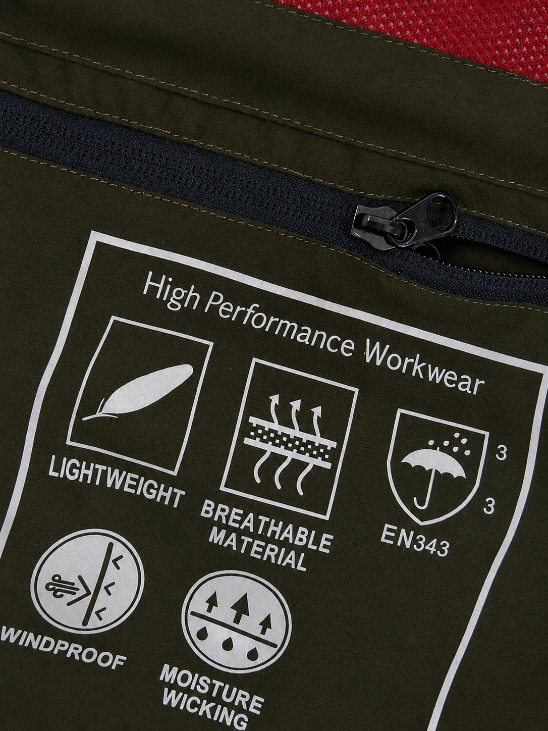 High performance workwear label on a jacket with icons indicating features like lightweight, breathable material, windproof, and moisture wicking.