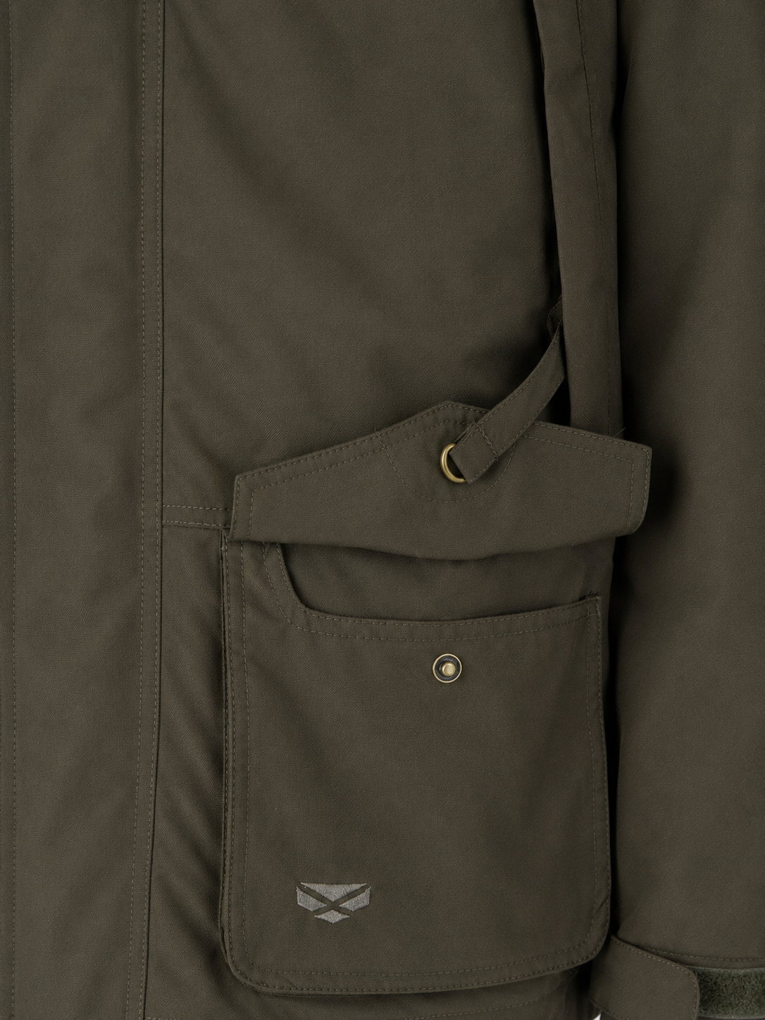 Close-up of a brown jacket with a pocket and visible brand logo.