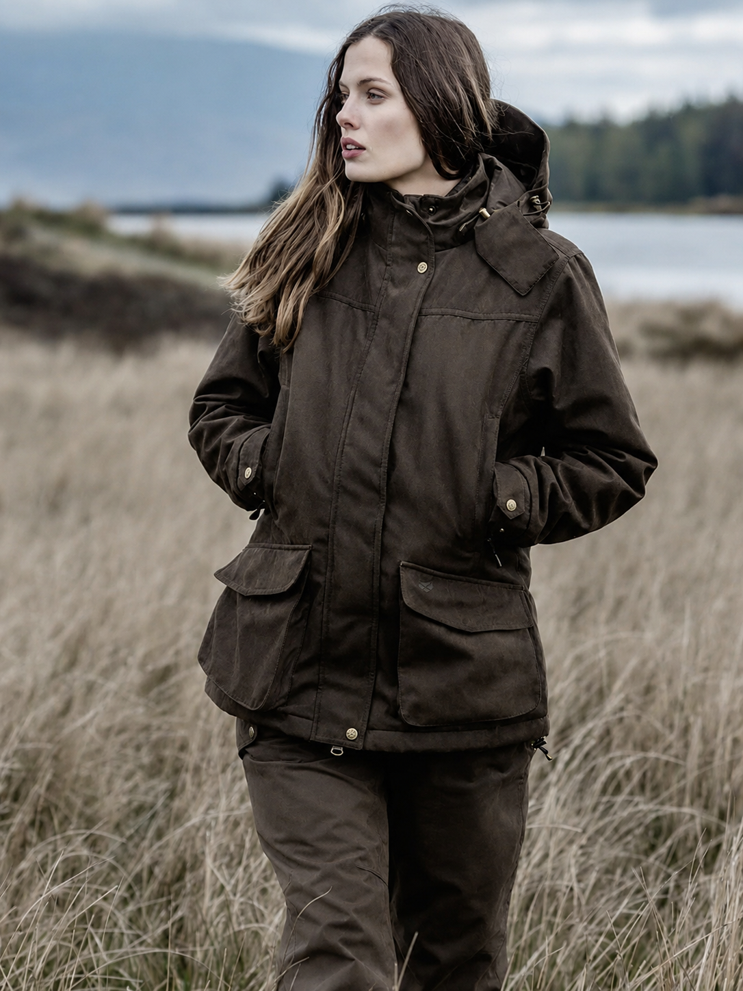 Woman wearing a dark brown jacket  with Hoggs of Fife trousers standing in a field with a scenic background