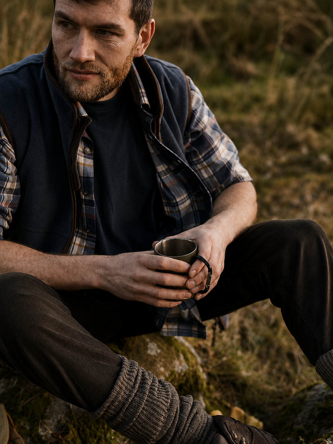 Man sitting outdoors holding a mug, surrounded by natural scenery