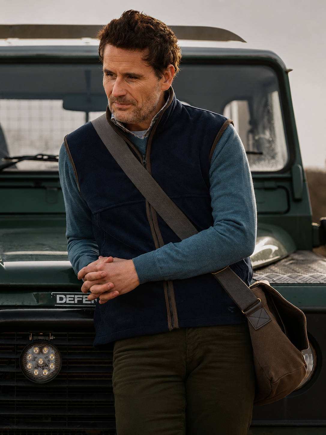 Man standing in front of a Land Rover Defender with a shoulder bag