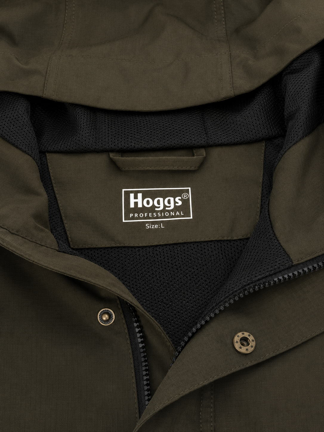 Close-up of a green jacket with a Hoggs label on the chest.
