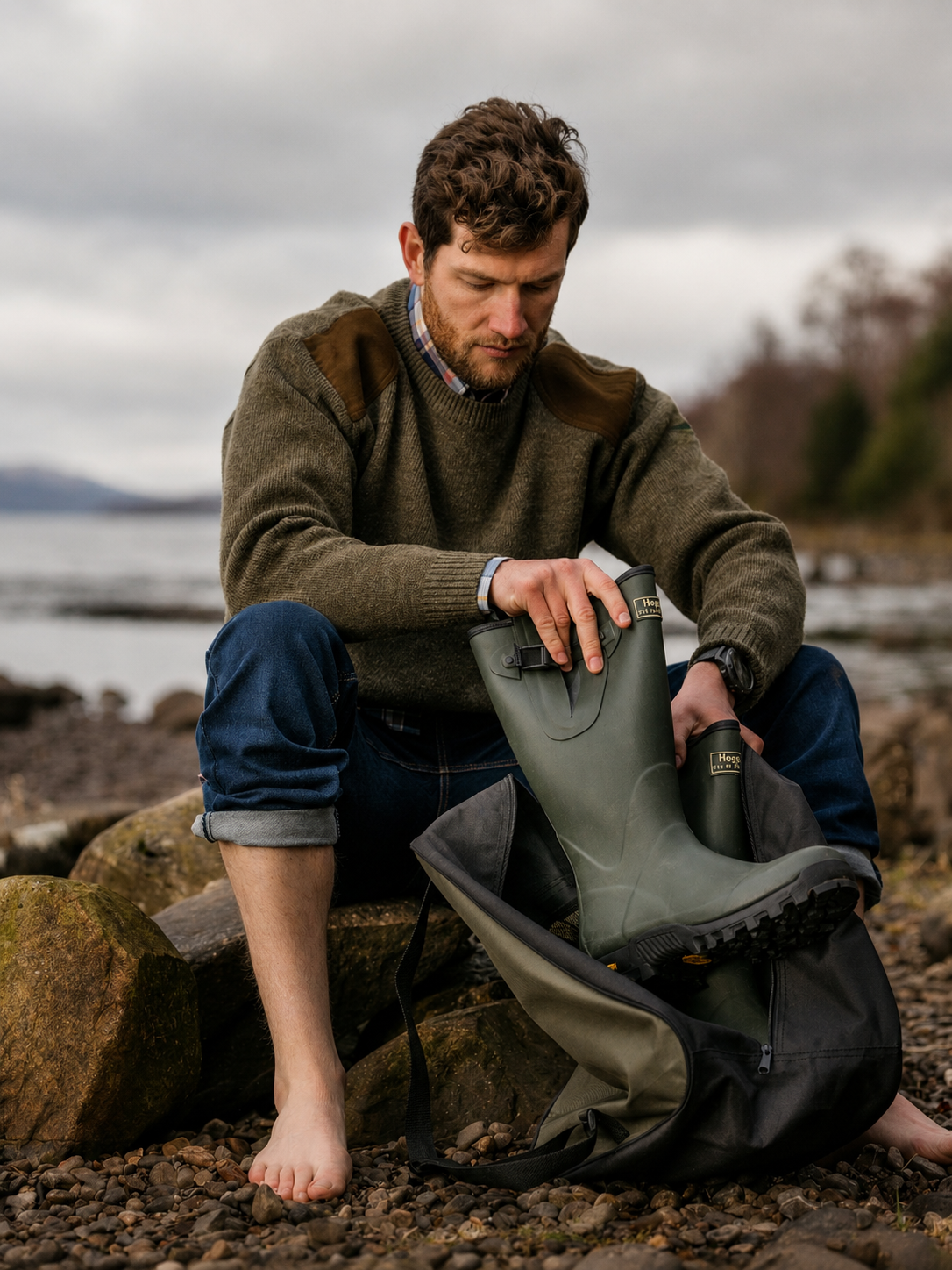 Man sitting by a lake wearing a green sweater and blue jeans, holding a green wellington boots.