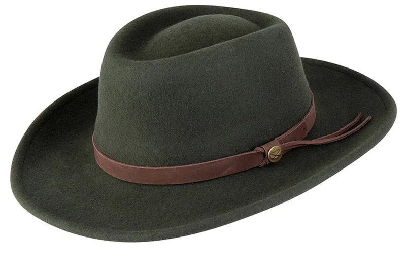 Olive colour Perth Crushable Felt Hat with a brown band on a white background