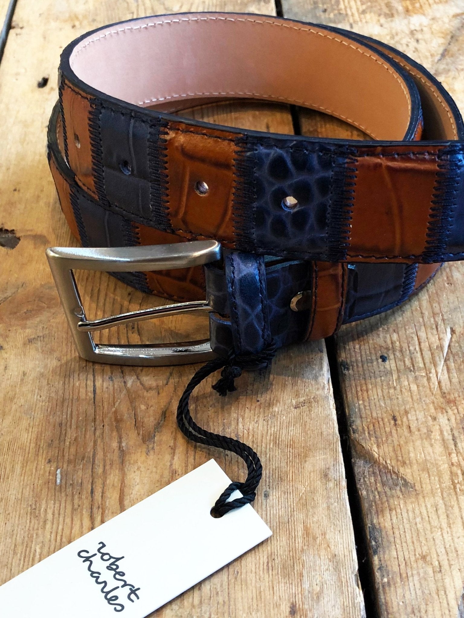 Robert Charles Belts - 1628 35mm Patchwork Blue / Tan Mens Belt - Made in Italy - 100% Leather