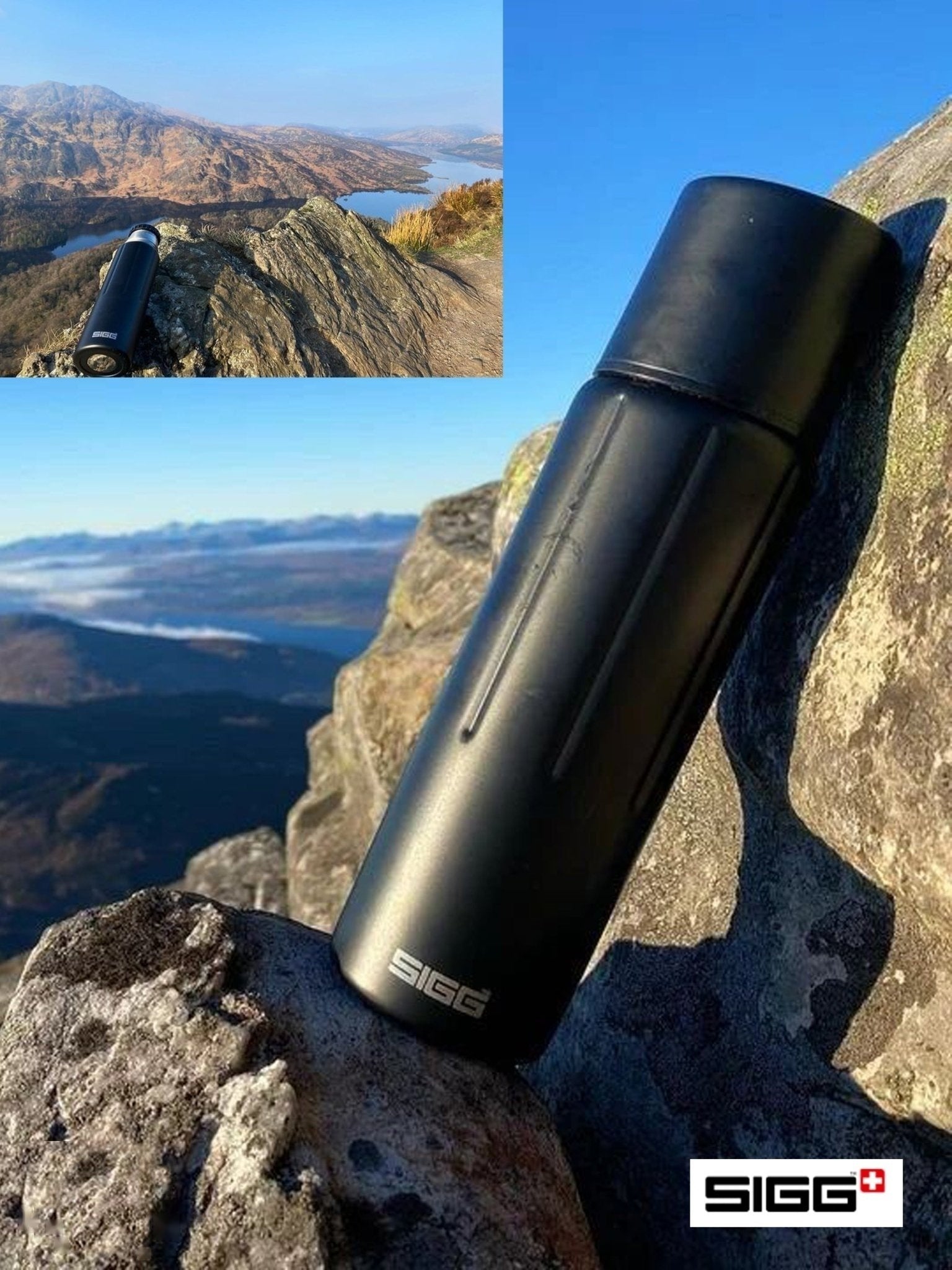 Black SIGG water bottle on a rocky mountain ledge with scenic views in the background