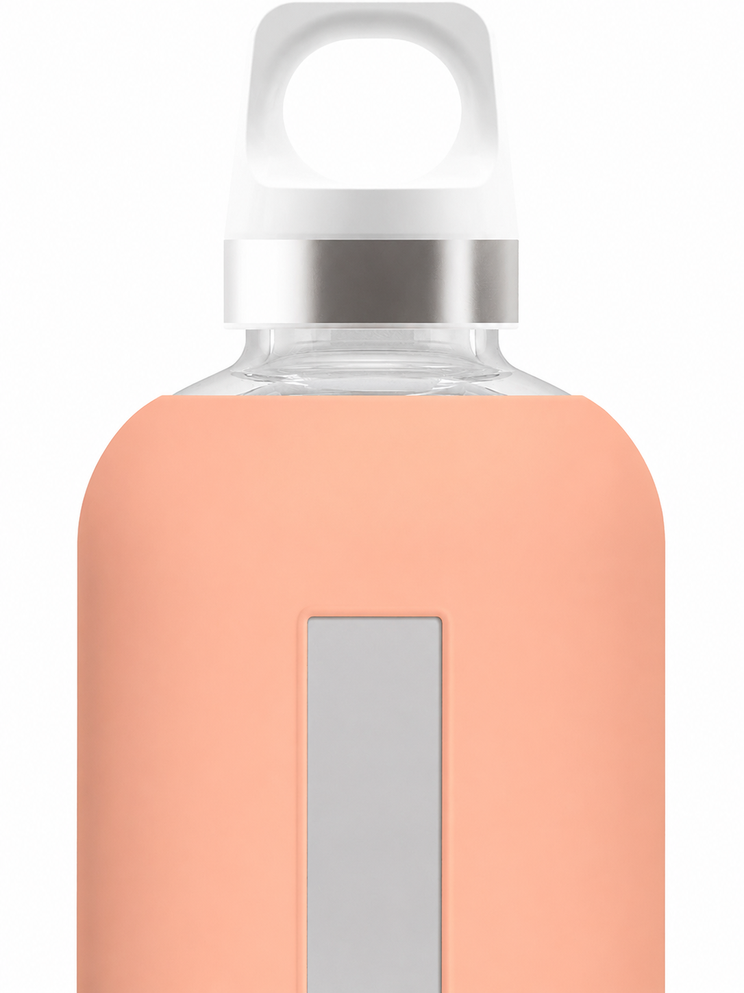 Glass water bottle with a peach-colored silicone sleeve and silver cap on a white background