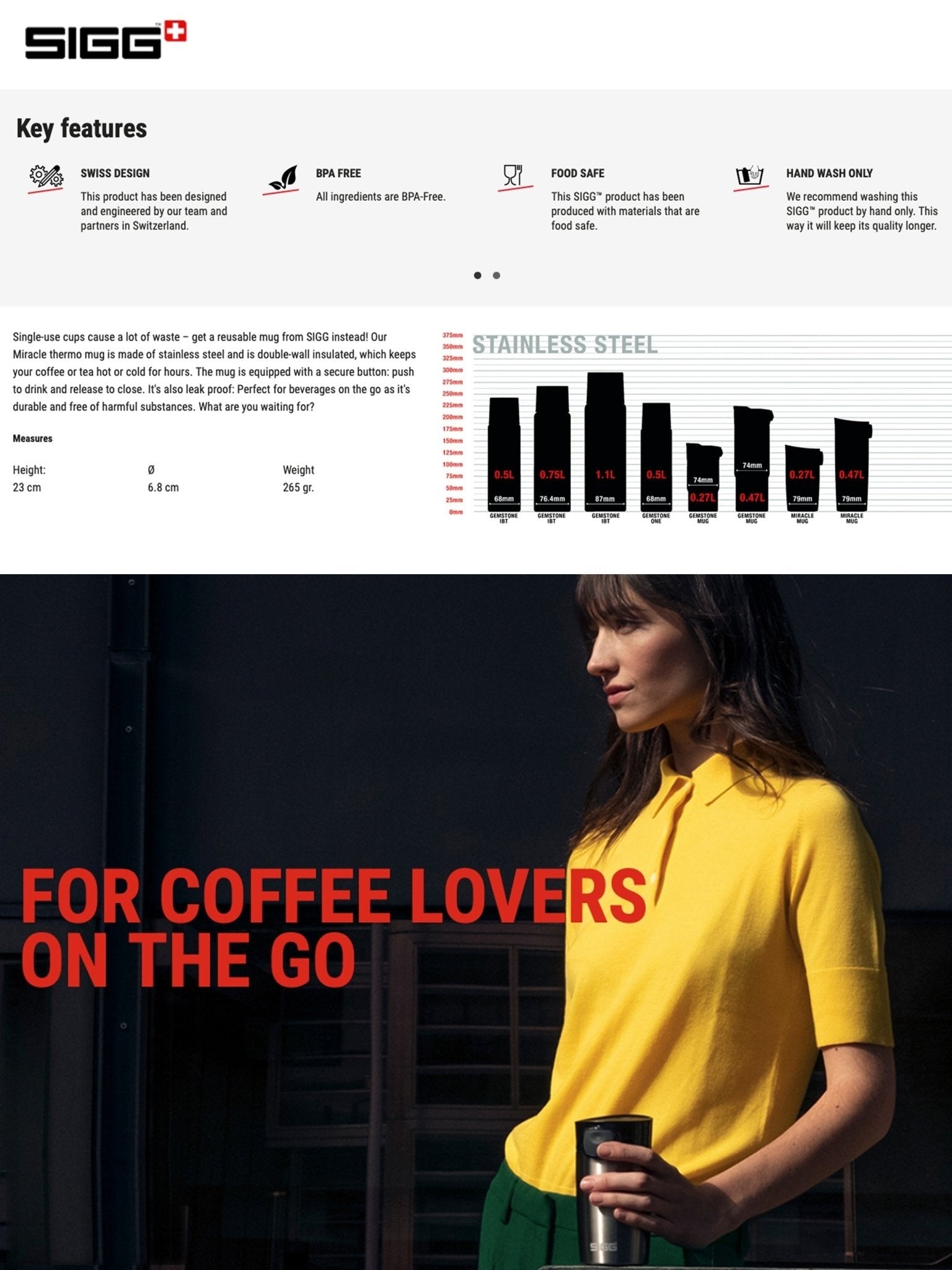 Sigg product page with key features and a woman holding a coffee cup.