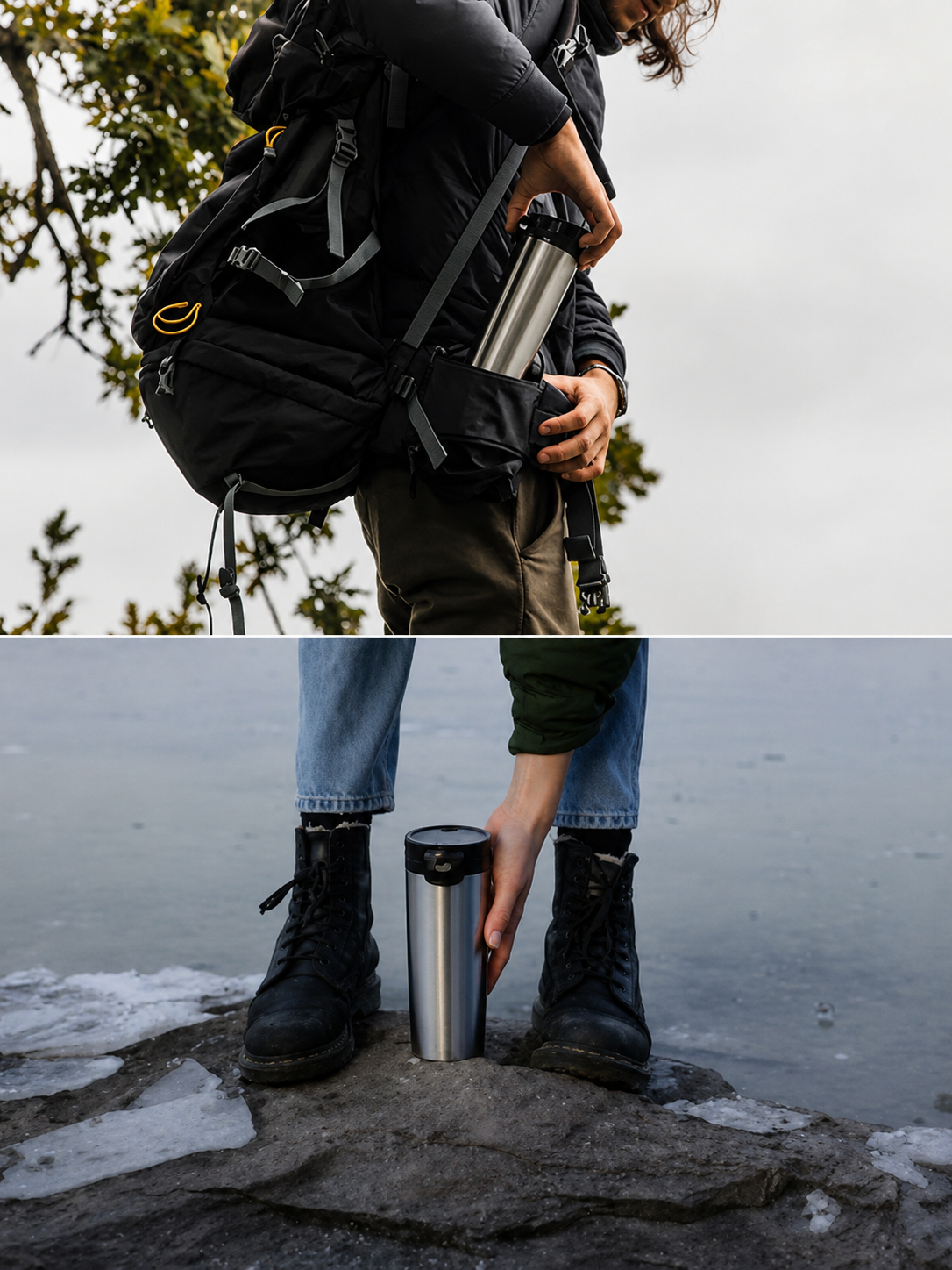 Person with a backpack holding a thermos by a body of water, with a close-up of the thermos.