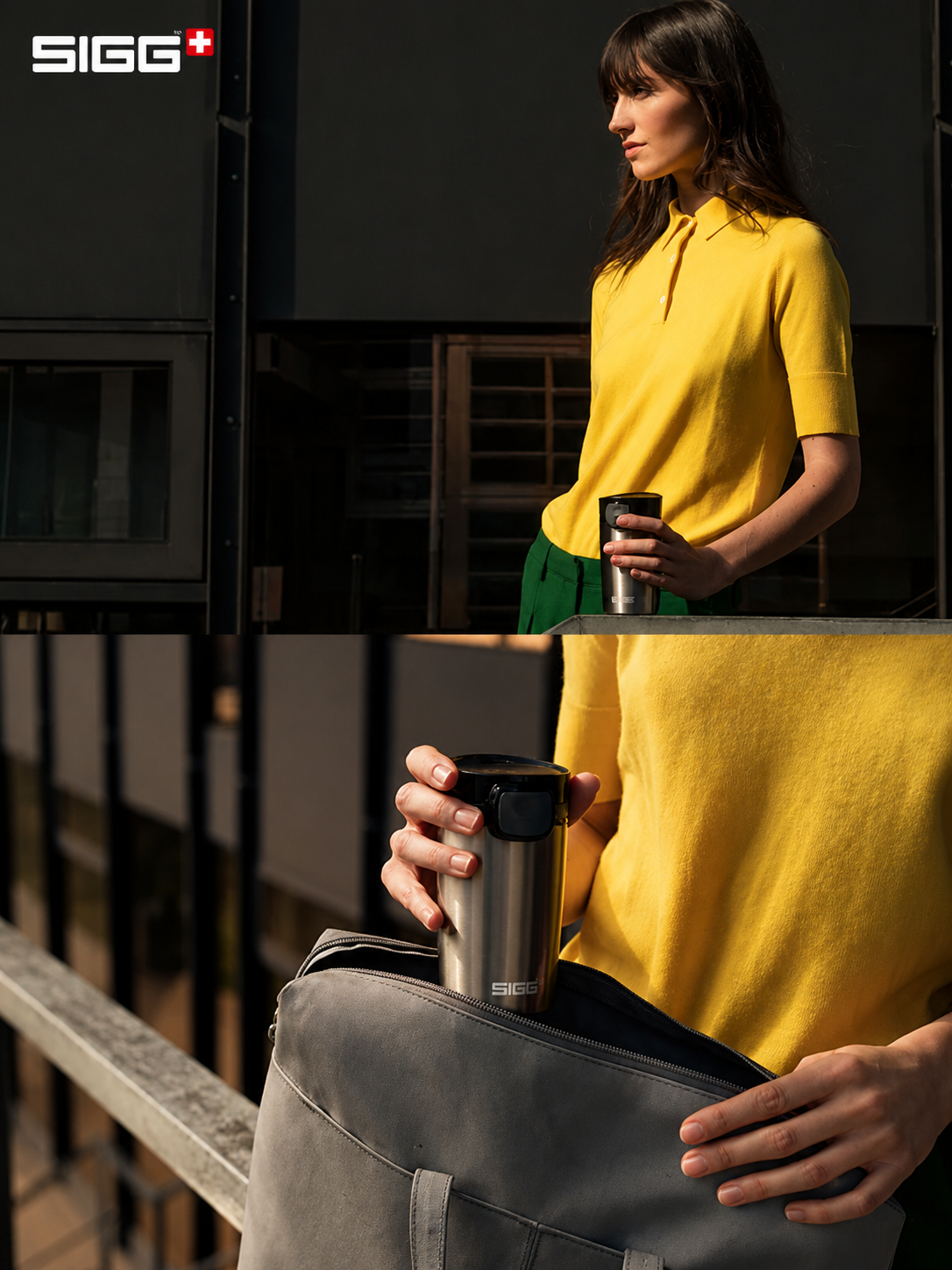 Woman in yellow shirt holding a SIGG water bottle against a dark background