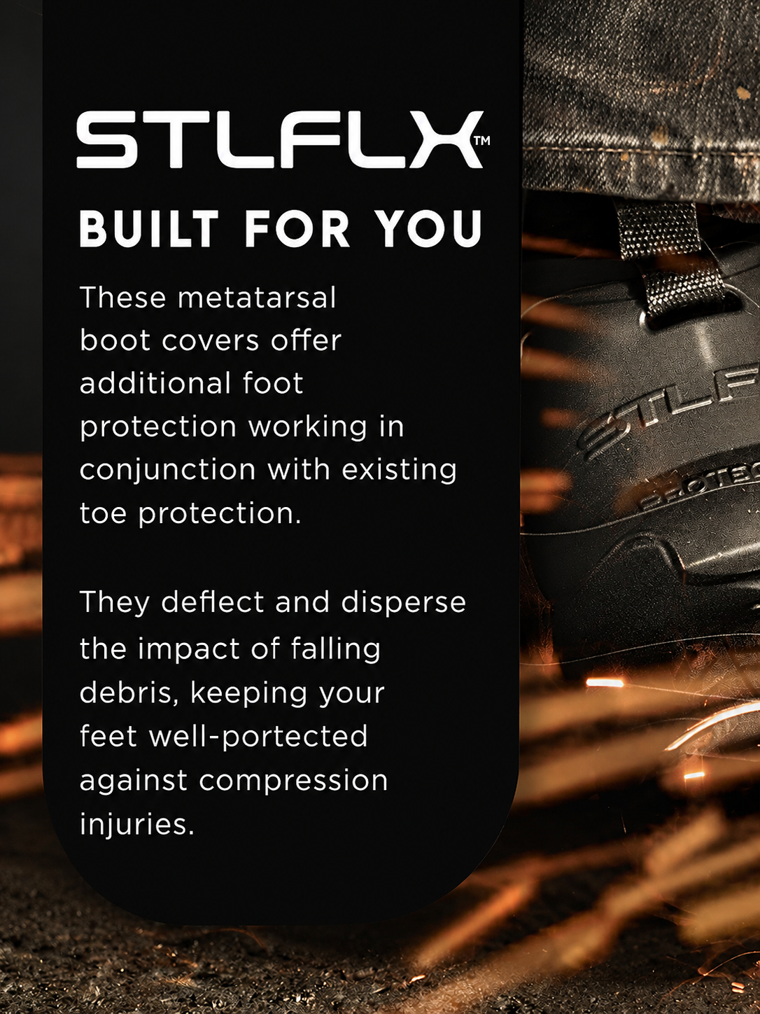 STLFLX metatarsal boot covers with text on foot protection and impact deflection.